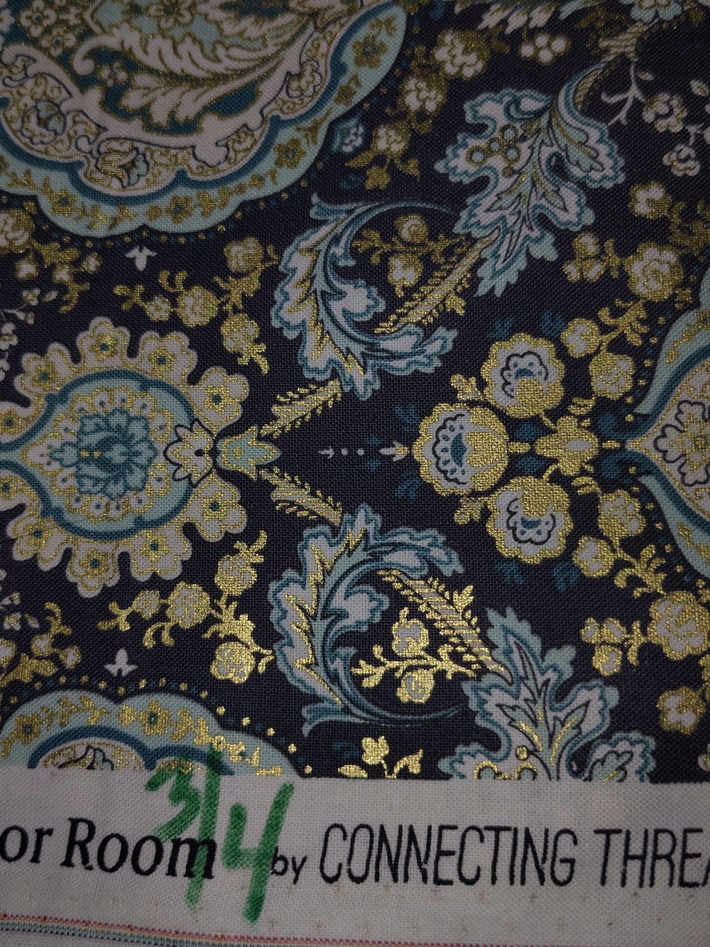 Gold Paisley Cotton Fabric - Navy and Teal "Parlor Room" 3/4 Yd